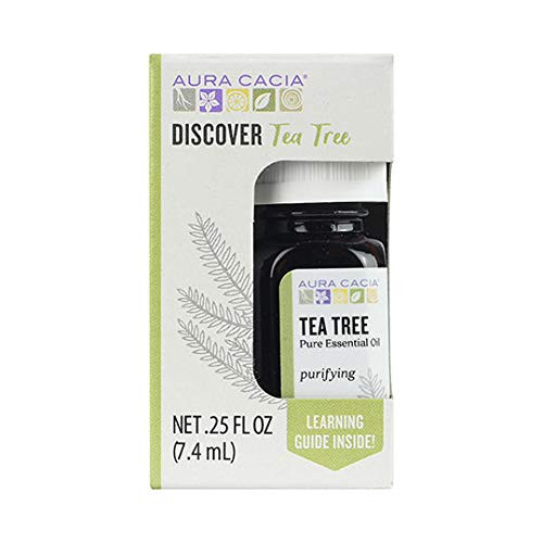 Aura Cacia Discover 100percent Pure Tea Tree Essential Oil GC/MS Tested for Purity 7.4 ml (0.25 fl. oz.) in Box with Uses Insert Melaleuca alternifolia Aura Cacia Discover 100percent Pure Tea Tree Essential Oil GC/MS Tested for Purity 7.4 ml (0.25 fl. oz.) in Box with Uses Insert Melaleuca alternifolia