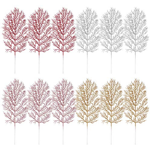 Cabilock 12pcs Christmas Tree Pick Leaves Ornament Glitter Leaf Spray Xmas Holiday Decor Vase Tree Filler Wreath Garland Wedding Decoration DIY Craft Gold Rosy Silver Red