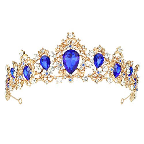 Women Luxurious Crystal Rhinestone Bridal Crown Princess Headpieces Girls Tiara Accessory (Gold  and  Blue 3) Women Luxurious Crystal Rhinestone Bridal Crown Princess Headpieces Girls Tiara Accessory (Gold  and  Blue 3)