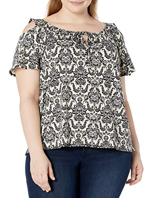 Star Vixen Women's Petite Cold Shoulder Tie Neck Keyhole Peasant Top, Black Boho Floral, PM