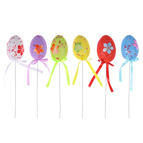 Amosfun 6pcs Easter Foam Egg Glitter Flower Printed Egg Picks Vase Lawn Flower Pot Decor for Easter Party Supplies