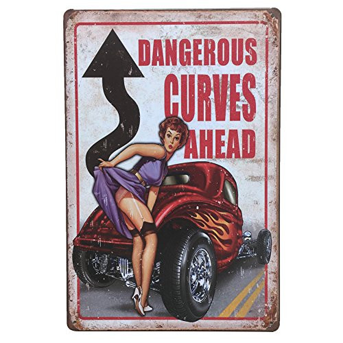 Joyful Store "Dangerous Curves Ahead" Tin Sign Retro Vintage Metal Plaque Poster for Cafe Bar Pub Beer Club Home Wall Decor Art 12" x 8"/30 x 20cm (Dangerous Curves Ahead)