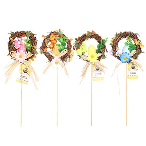 Amosfun 4pcs Easter Garland Shape Cake Toppers Egg Cake Picks Colorful Floral Cake Decoration Gift Easter Party Dessert Favor (Random Pattern) for Easter Party Supplies
