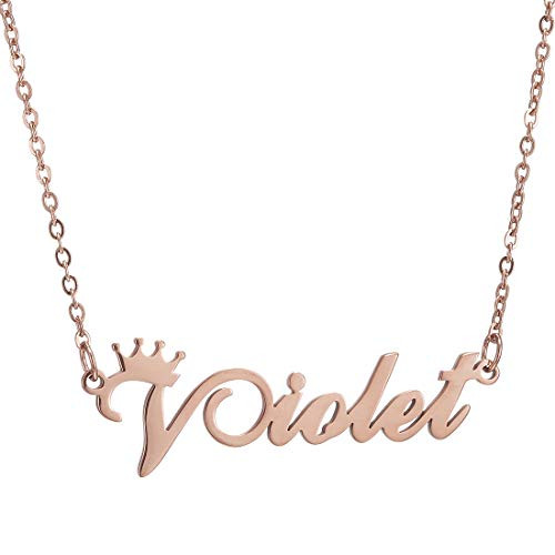 Name Necklace Personalized,Customized Script Initial Women Girl Nameplate Charm Crown Necklace Stainless Steel Pendant Necklace Chain Jewelry,Rosegold Violet Necklace Name Necklace Personalized,Customized Script Initial Women Girl Nameplate Charm Crown Necklace Stainless Steel Pendant Necklace Chain Jewelry,Rosegold Violet Necklace