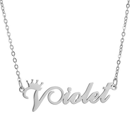 Name Necklace Personalized,Customized Script Initial Women Girl Nameplate Charm Crown Necklace Stainless Steel Pendant Necklace Chain Jewelry Gift,Silver Violet Necklace Name Necklace Personalized,Customized Script Initial Women Girl Nameplate Charm Crown Necklace Stainless Steel Pendant Necklace Chain Jewelry Gift,Silver Violet Necklace