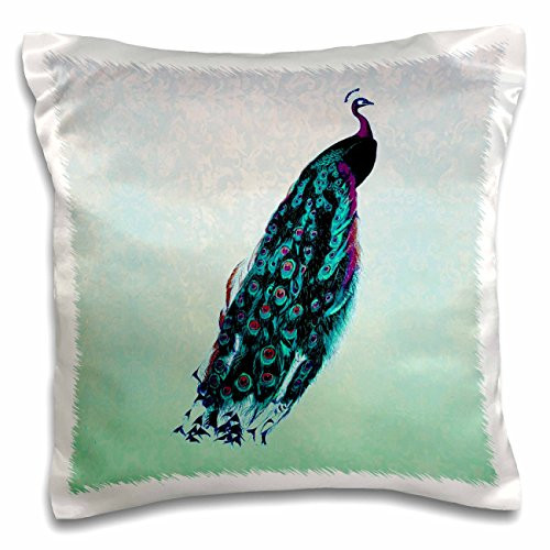 3dRose Purple peacock with teal,turquoise and purple feathers on light green and lavender damask background - Pillow Case, 16 by 16-inch (pc_53990_1)