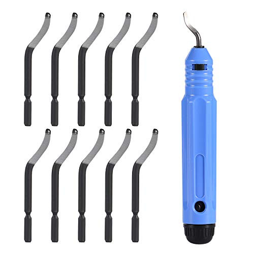 QXUJI Deburring Tool Kit, Metal Deburring Cutters Set, Anti-Slip Handle with a Blade plus 10PCS Extra BS1010 Deburring Blades, Burr Remover Hand Tool for Wood, Aluminum, Copper and Plastic