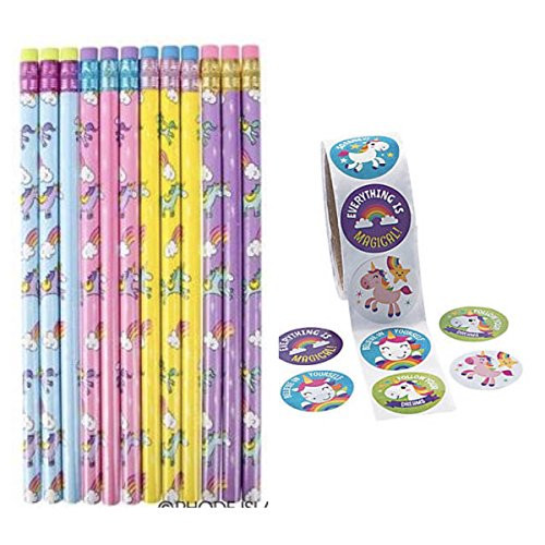 Pretty Unicorn Pencils  and  Stickers - Party Favors - Classroom Giveaways - Teacher Rewards - Pastel (24)