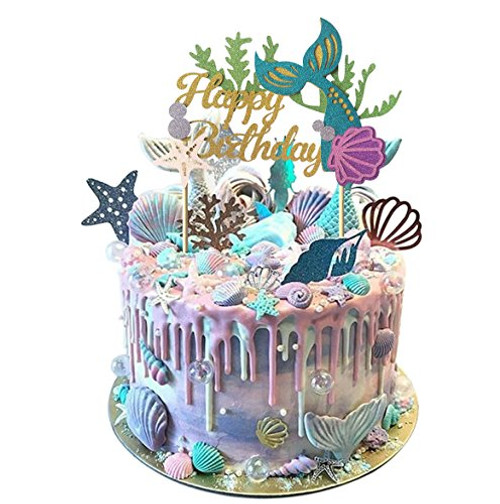 Mermaid Theme Glitter Happy Birthday Cake Topper for Baby Shower Birthday Party Supplies Cake Decoration