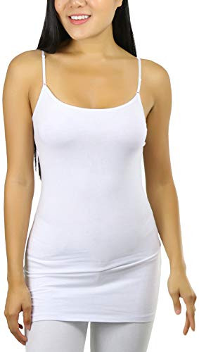 ToBeInStyle Womens Long Layering Cotton Tank Top w/Adjustable Spaghetti Straps - Small - White