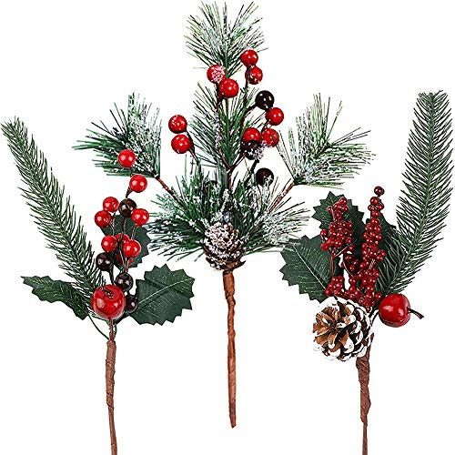 Red Berry Holly Leaves Pine Picks Snow Covered Pine Needles Pinecone Berries Stems Berry Bunches Pinecone Pine Branches Christmas Tree Decor by Baryuefull
