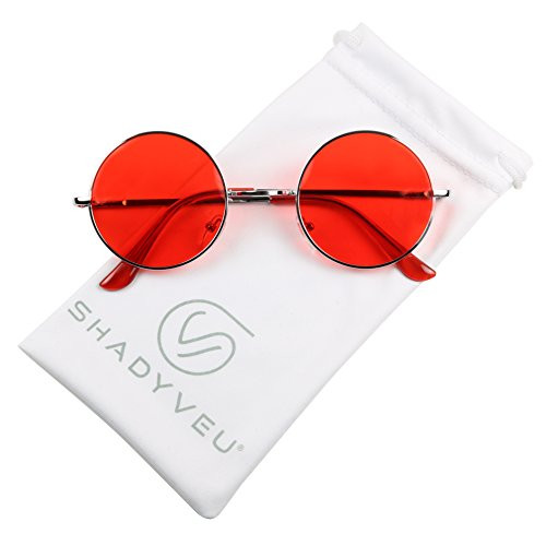 ShadyVEU Retro John Lennon Style Sunglasses Round Colorful Tint Groovy Hippie Wire Teashades (Red Lens, 50)