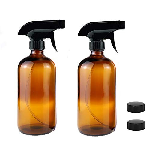 MOLOVA Empty Amber Glass Spray Bottles (2 Pack) - Refillable Container for Essential Oils, Cleaning Products, or Aromatherapy - Durable Black Trigger Sprayer w/Mist and Stream Settings