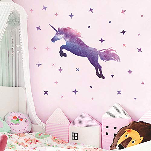 Large Size Dream Unicorn Wall Stickers, 16.5x39.5 Removable Purple Galaxy Unicorn Star Decals Pegasus Magic Horse Wall Sticks for Kids Boys Girls Bedroom Nursery Birthday Party Decoration