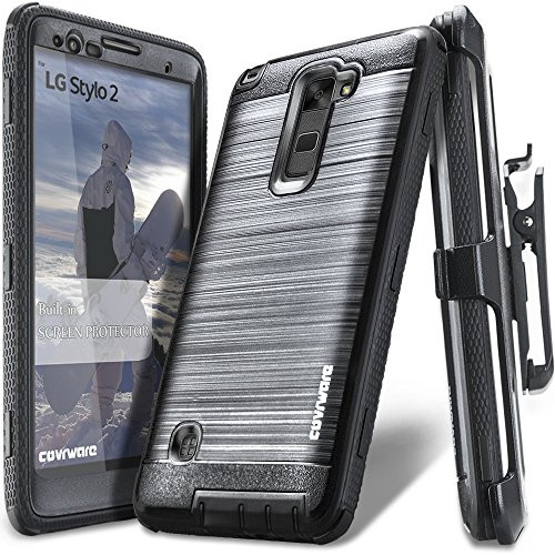 COVRWARE Iron Tank CASE for LG Stylo 2 / Stylo 2 Plus / Stylo 2 V, Built-in Screen Protector Heavy Duty Full-Body Rugged Holster Armor  Brushed Metal Texture Design  Case Belt Clip Kickstand, Black