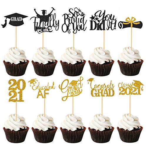 Giiffu 2021Graduation Cupcake Toppers, 80PCS Food Picks For Graduation Party Mini Glitter Toppers Cake Decorations, Congrats Grad, Class of 2021, Diploma, Grad Cap (10 styles)