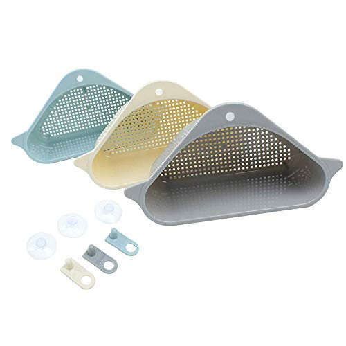 Sink Strainer,Sink Basket, Sink Drain Shelf, Triangular Multifunctional Storage Rack Sucker, Sink Sponge Holder for Kitchen Bathroom Support Corner Hanging Shelf Soap Box Organizer (Beige)