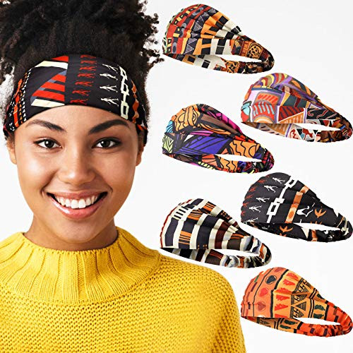 6 Pieces African Headbands Elastic Turban Headbands Boho Print Headband Elastic Hair Bands Wide Headwrap Workout Yoga Sports Hair Accessories for Women Girls