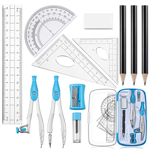 12 Pieces Math Geometry Kit for Student Engineering Drawing Drafting, Include Drawing Compasses, Rulers, Protractor, Eraser, Pencil Sharpener, Refills, Pencils for Compass and Shatterproof Storage Box 12 Pieces Math Geometry Kit for Student Engineering Drawing Drafting, Include Drawing Compasses, Rulers, Protractor, Eraser, Pencil Sharpener, Refills, Pencils for Compass and Shatterproof Storage Box