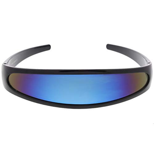 Futuristic Narrow Cyclops Color Mirrored Lens Visor Sunglasses (Black Ice)