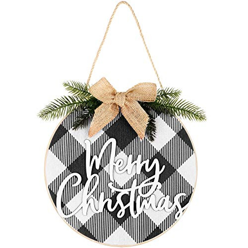 Jetec Merry Christmas Decorations Wreath Christmas Hanging Sign Rustic Burlap Wooden Holiday Decor for Christmas Home Window Wall Farmhouse Indoor Outdoor Decorations (White and Black)