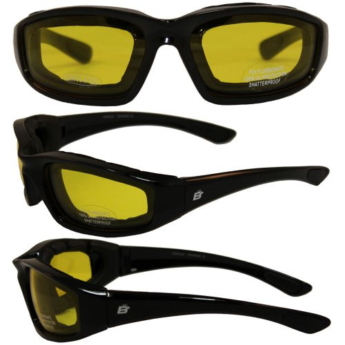 Birdz Eyewear Oriole Padded Motorcycle Glasses (Black Frame/Yellow Lens)