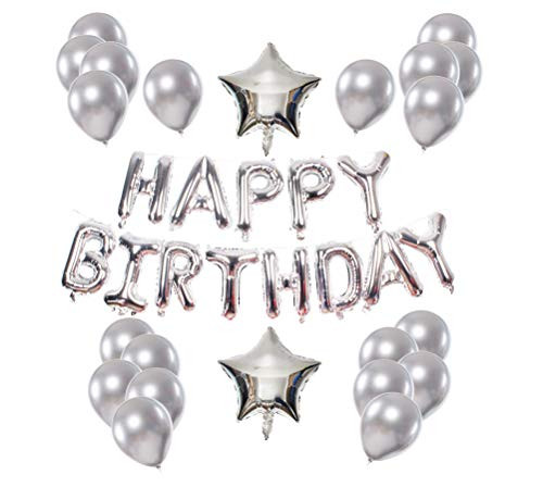 Happy Birthday Balloons Set, 13 Pcs Letters Balloons 2 Pcs Star Balloons 20 Pcs Latex Balloons Birthday Party Decorations and Supplies Foil Balloons (Silver)