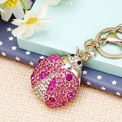 Cute Big Ladybug Keychain Sparkling Keyring Rhinestones Purse Pendant Handbag Charm (Pink)