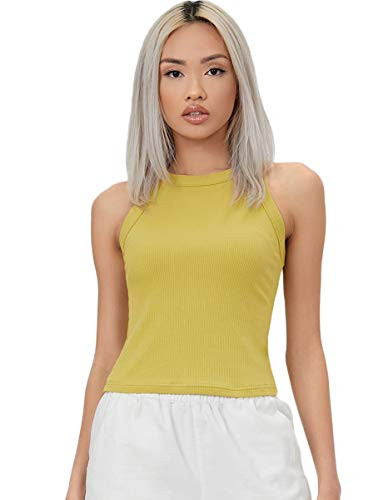 Romwe Women's Ribbed Knit Sleeveless Round Neck Basic Crop Tank Tops Vest Mustard Yellow M