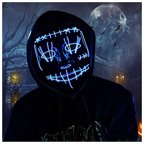 Halloween Creepy LED Purge Mask - Scary Light Up Glowing Mask EL Wire Cosplay Costume Mask For Masquerade/Carnivals/Raves
