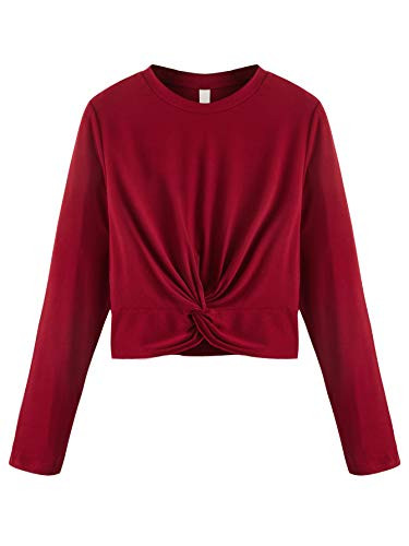 MakeMeChic Women Casual Solid Twist Front Long Sleeve Crop Top Tee T-Shirt Burgundy M