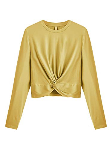 MakeMeChic Women Casual Solid Twist Front Long Sleeve Crop Top Tee T-Shirt Yellow L