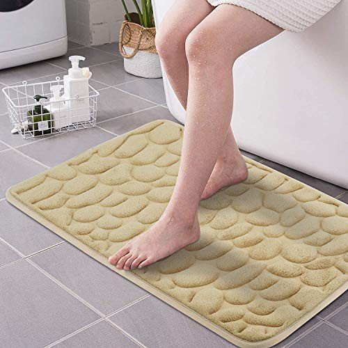 Lewondr Memory Foam Bath Mat, Absorbent Non Slip Cobblestone Bath Rug Ultra Soft and Cozy Coral Fleece Bathroom Mat Machine Wash Shower Bath Rug 16 inchx24 inch(40x60cm), Beige