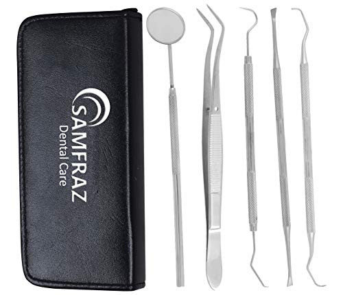 Dental Tools, Pack Teeth Cleaning Tools Stainless Steel Dental Scraper Tooth Pick Hygiene Set with Mouth Mirror, Tweezer Kit for Dentist, Family Oral Care, Dogs - with Leather Case