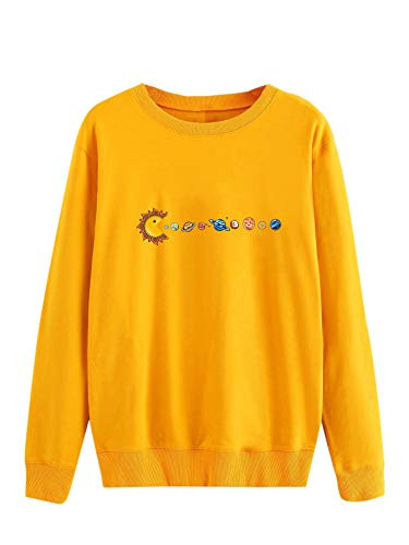 SweatyRocks Women's Casual Cartoon Graphic Print Crew Neck Long Sleeve Pullover Sweatshirt Tops Mustard Yellow XL
