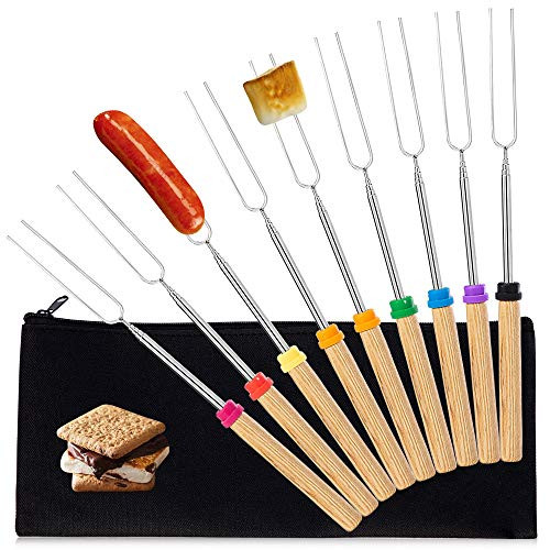 Marshmallow Roasting Sticks, Smores Skewers for Fire Pit, Set of 9 Extend 32 inch Stainless Telescoping Rotating Smores Sticks with Wooden Handle Hot Dog Barbecue Forks for Campfire, Bonfire and Grill