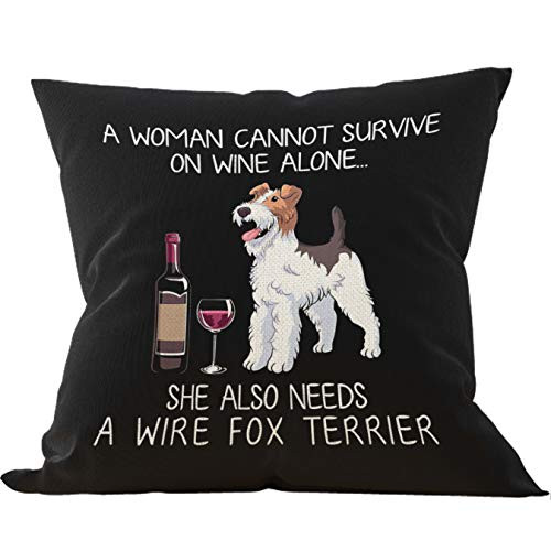 Wire Fox Terrier and Wine Funny Dog Throw Pillow Case, Dog Lover Gifts, Funny Wire Fox Terrier Decor, Wire Fox Terrier Mom Gifts, 18X18 Inch Color Printing Linen Cushion Cover for Sofa Couch Bed  