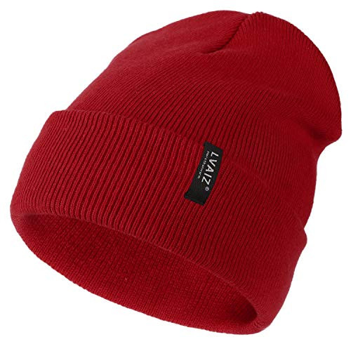 Unisex Winter Knitted Beanie Slouchy Cuffed Rib Knit Watch Hat Acrylic Plain Skull Cap for Men Red