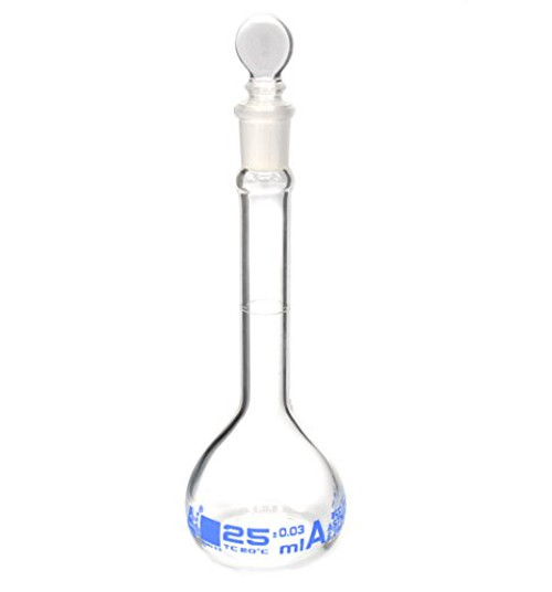Volumetric Flask, 25ml - Class A, ASTM - Tolerance ±0.030 ml - Glass Stopper - Single, Blue Graduation - Eisco Labs