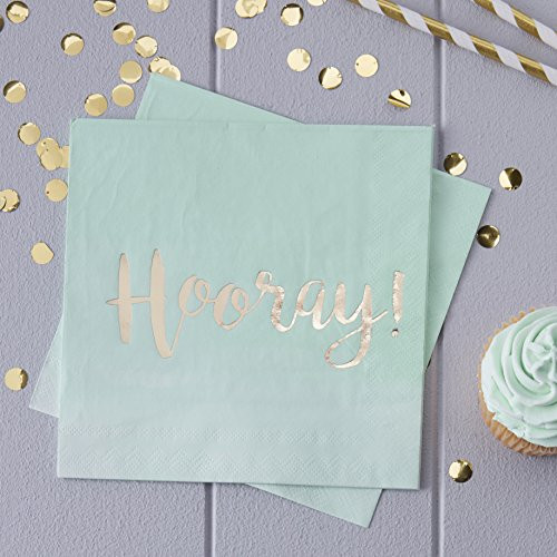 Ginger Ray Gold Foiled Mint Green Ombre Hooray Party Paper Napkins X 20 - Pick And Mix
