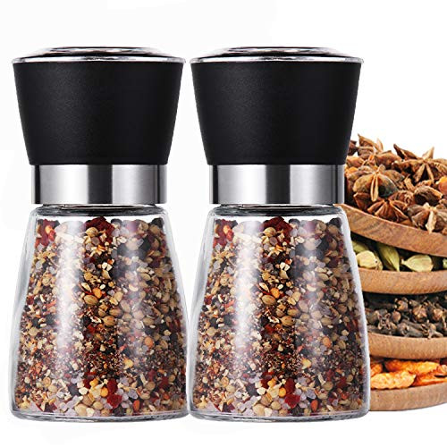 2Pcs Refillable Salt and Pepper Grinders Set Glass Salt Grinder Pepper Mill Sea Salt Pepper Shakers, with Adjustable Coarseness and Ceramic Blades(Black)