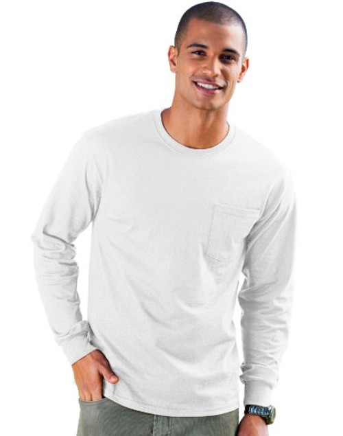 Hanes Tagless 6.1 oz Long-Sleeve with Pocket, White, M