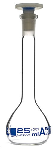 Volumetric Flask, 25ml - Class A - 10/19 Polypropylene Stopper, Borosilicate Glass - Blue Graduation, Tolerance ±0.040 - Eisco Labs