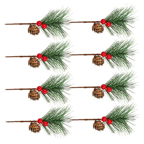 NUOBESTY 8pcs Artificial Berries Picks Christmas Plants Picks with Pine Cone Red Holly Berries for Xmas Flower Arrangements Wreaths Holiday Decorations