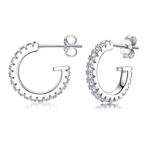 14k White Gold Plated Silver Post Small Hoop Earrings   Cubic Zirconia Sparkling Open Hoops Cartilage Earring for Women Girls, 10mm