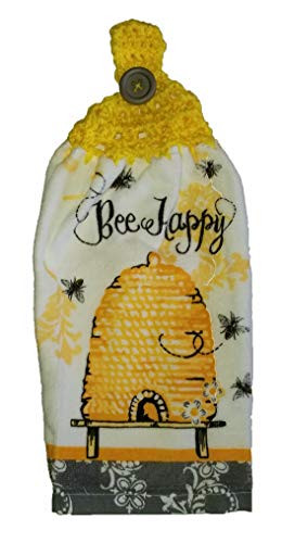 Handcrafted Yellow Crochet Topped Bee Happy Kitchen Towel