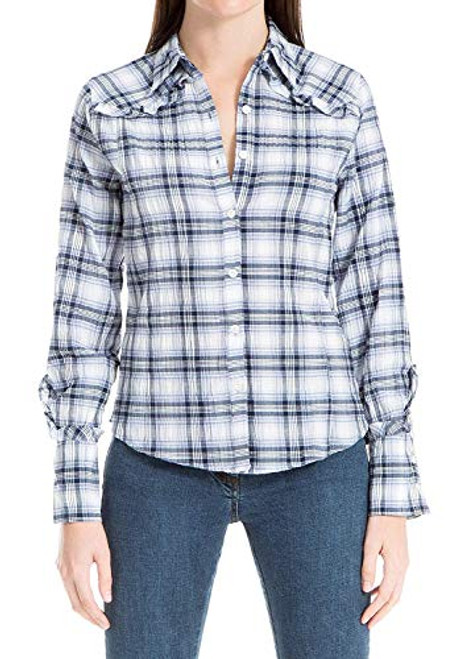 MAX STUDIO Womens Plaid Long Sleeves Casual Top Blue L