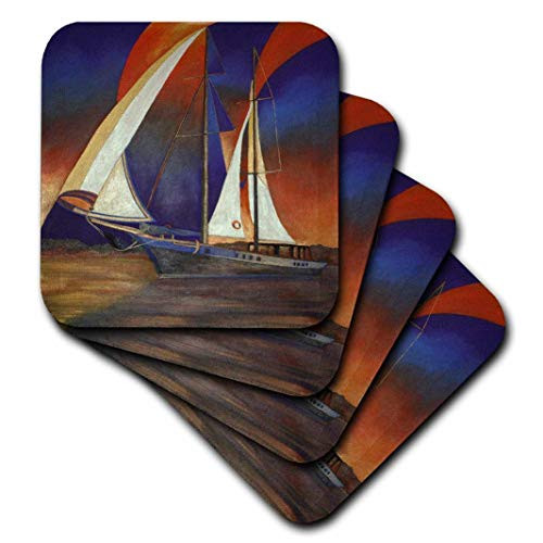 3dRose CST_46730_1 Gulet Under Sail-Blue, Boats, Impressionism, Orange, Realism, Sailboat, Sails-Soft Coasters, Set of 4