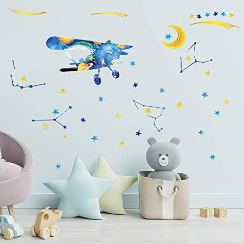 Airplane Wall Stickers Colorful Aircrafts Wall Stickers for Boys Room, Watercolor Space Stars Moon Wall Decals Removable Peel and Stick Art Murals for Bedroom Kids Room Nursery