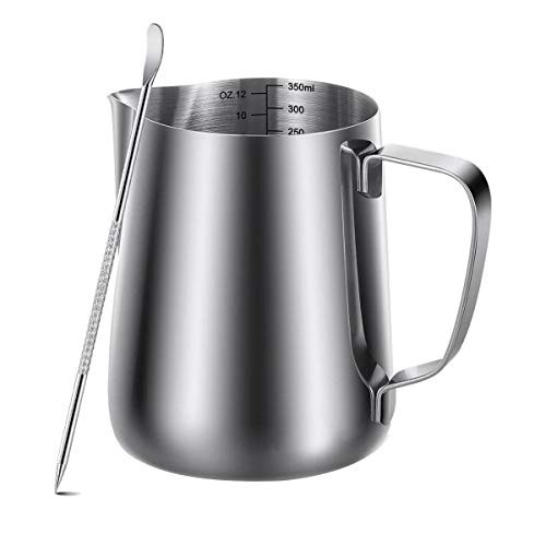 NINGWANG Milk Frothing Pitcher 350Ml (12Oz) Steaming Pitchers Steel Milk Coffee Cappuccino Latte Art Barista Steam Pitchers Milk Jug Cup with Decorating Pen